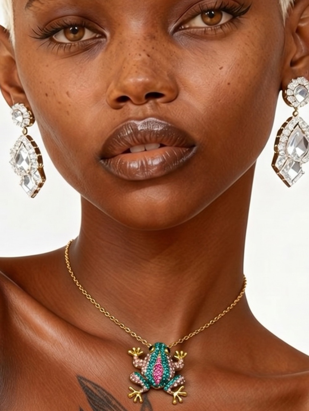 Gold tone Frog Pendant or pin with vibrant Green and Pink Crystals!